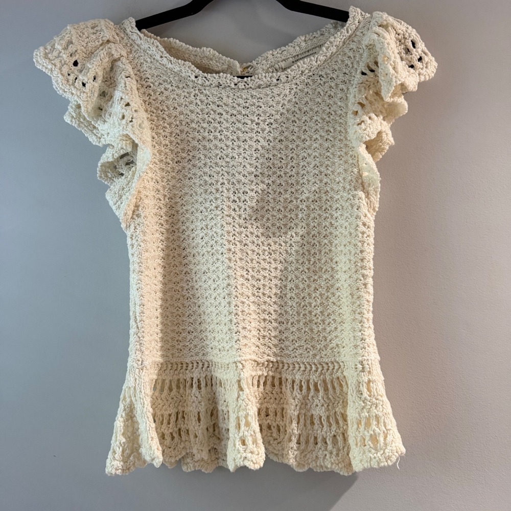 Anthropologie Crochet Knit Top Women Small Ivory Flutter Sleeve Open Back Good